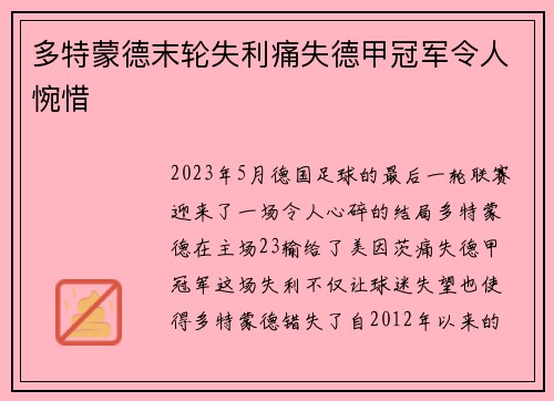 多特蒙德末轮失利痛失德甲冠军令人惋惜 多特蒙德末轮失利痛失德甲冠军令人惋惜