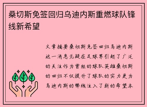 桑切斯免签回归乌迪内斯重燃球队锋线新希望 桑切斯免签回归乌迪内斯重燃球队锋线新希望